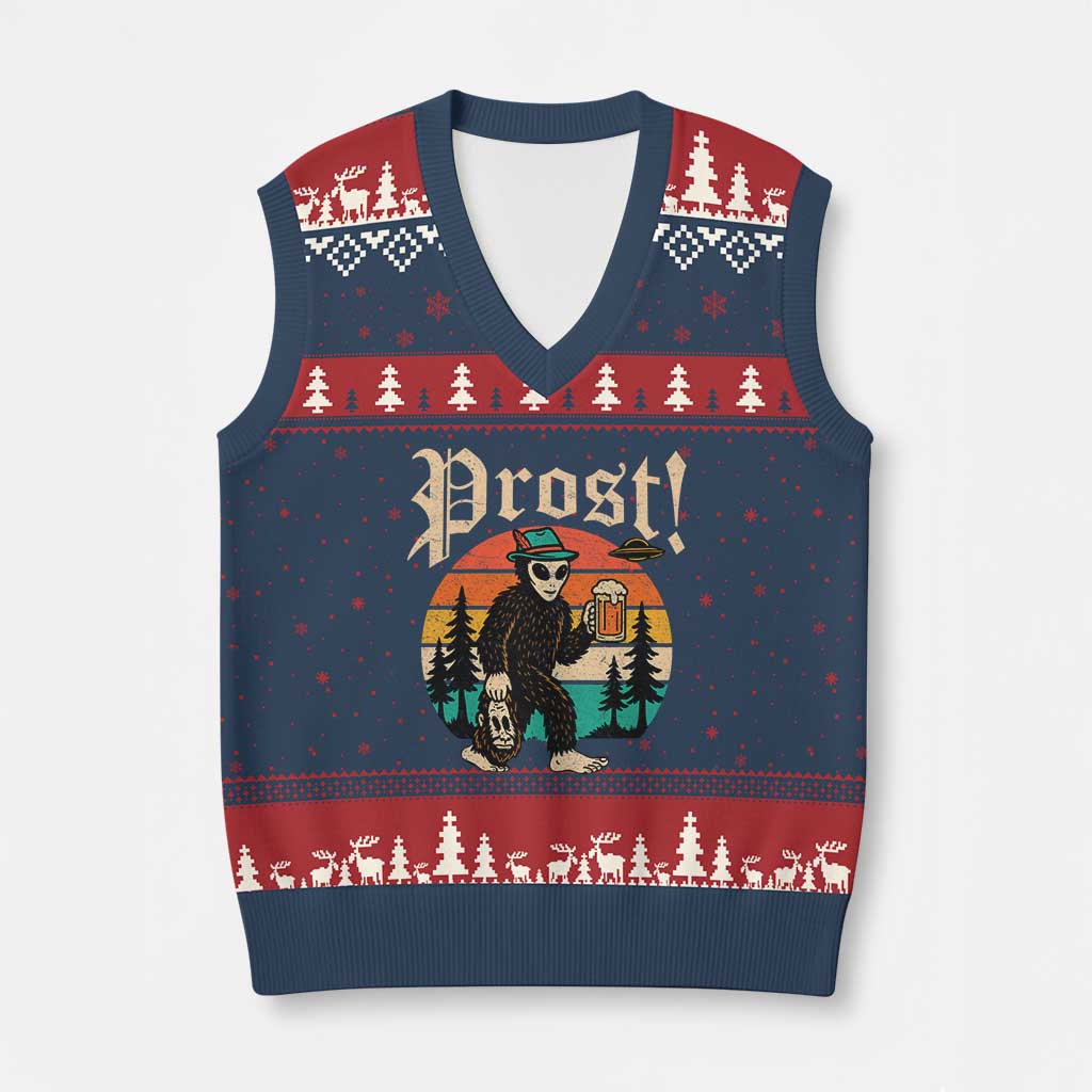 Oktoberfest Bigfoot Alien Beer V-Neck Knit Sweater Vest Retro German Sasquatch Beer - Wonder Print Shop