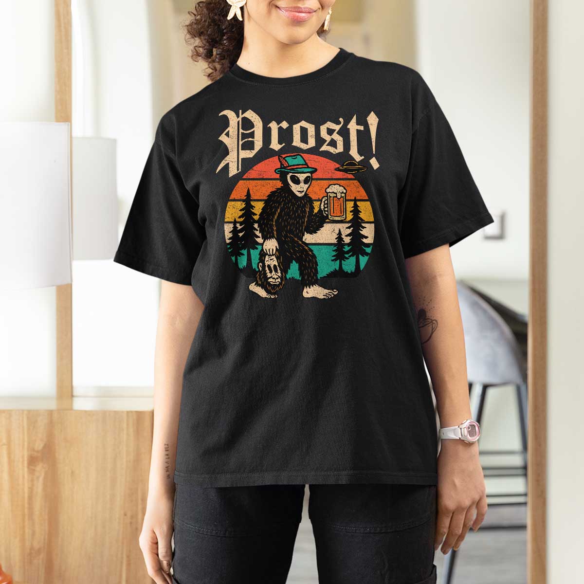 Oktoberfest Bigfoot Alien Beer T Shirt For Women Retro German Sasquatch Beer - Wonder Print Shop