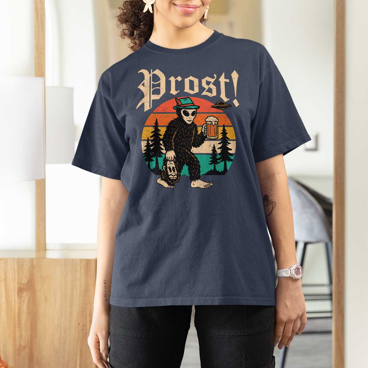 Oktoberfest Bigfoot Alien Beer T Shirt For Women Retro German Sasquatch Beer - Wonder Print Shop