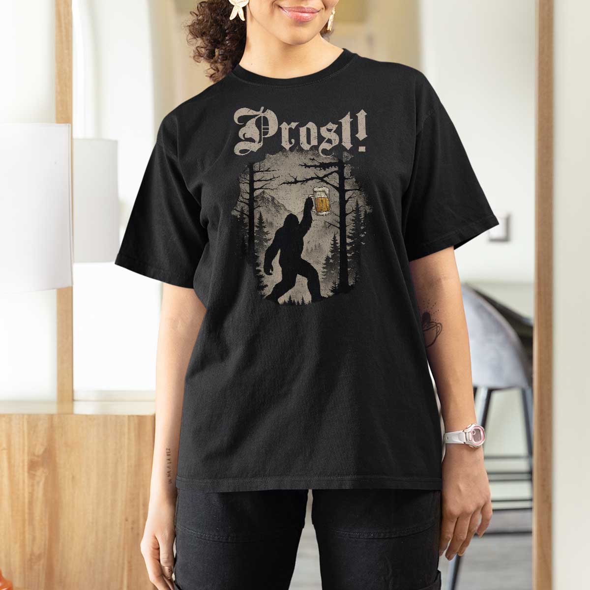 Oktoberfest Bigfoot T Shirt For Women Vintage Forest Sasquatch Drinking Prost - Wonder Print Shop