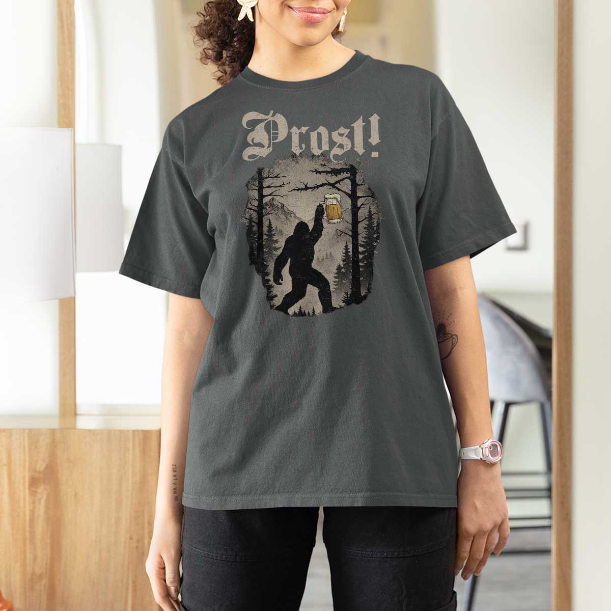 Oktoberfest Bigfoot T Shirt For Women Vintage Forest Sasquatch Drinking Prost - Wonder Print Shop