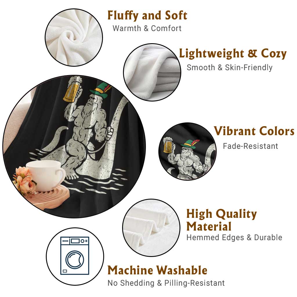 Funny Bigfoot Loch Ness Monster Oktoberfest Throw Blanket German Oktoberfest Sasquatch Drinking - Wonder Print Shop