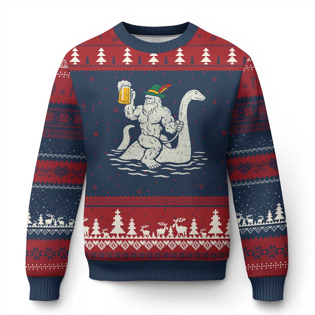 Funny Bigfoot Loch Ness Monster Oktoberfest Ugly Christmas Sweater German Oktoberfest Sasquatch Drinking - Wonder Print Shop