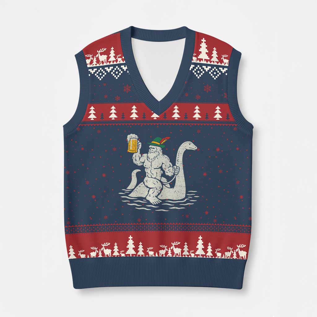 Funny Bigfoot Loch Ness Monster Oktoberfest V-Neck Knit Sweater Vest German Oktoberfest Sasquatch Drinking - Wonder Print Shop