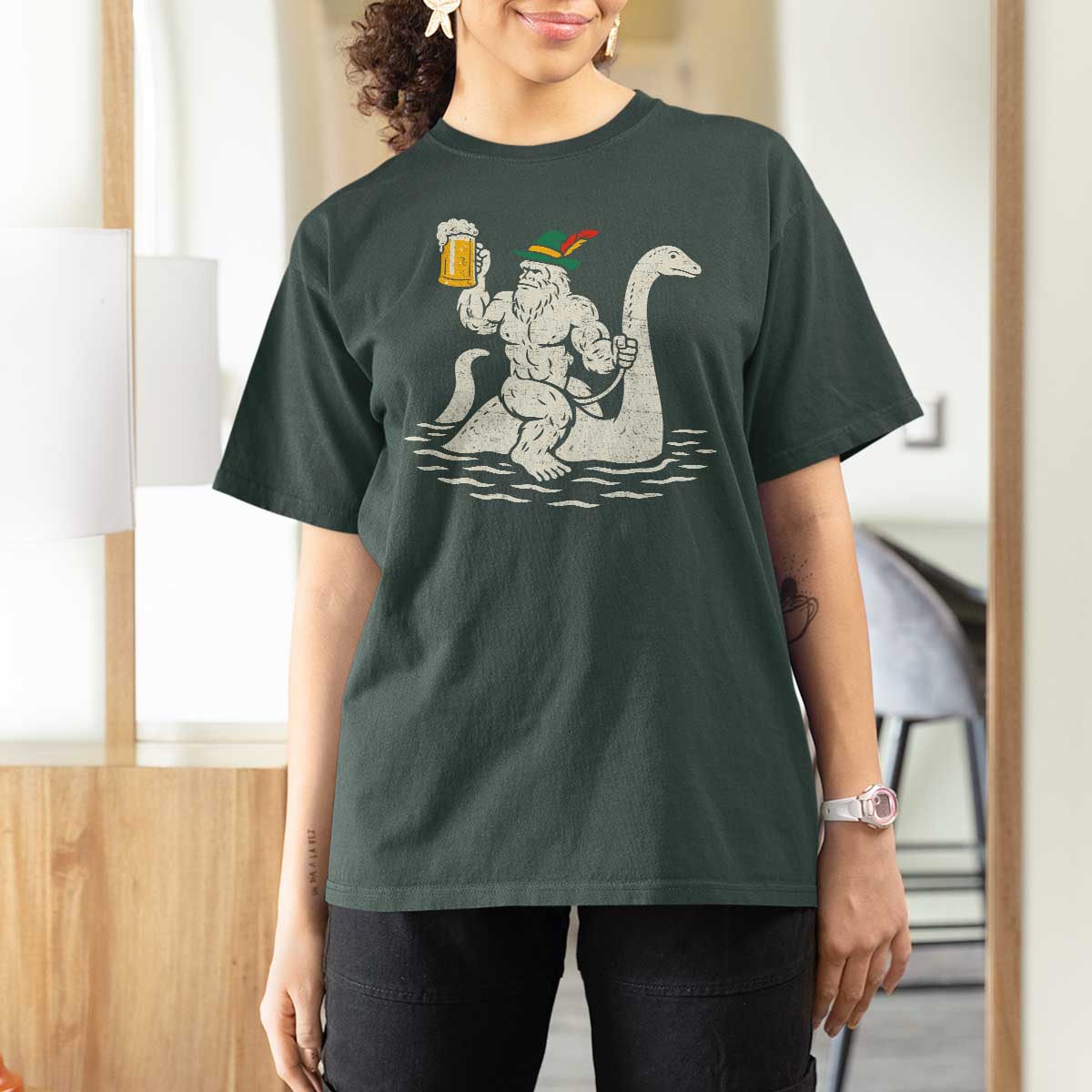 Funny Bigfoot Loch Ness Monster Oktoberfest T Shirt For Women German Oktoberfest Sasquatch Drinking - Wonder Print Shop