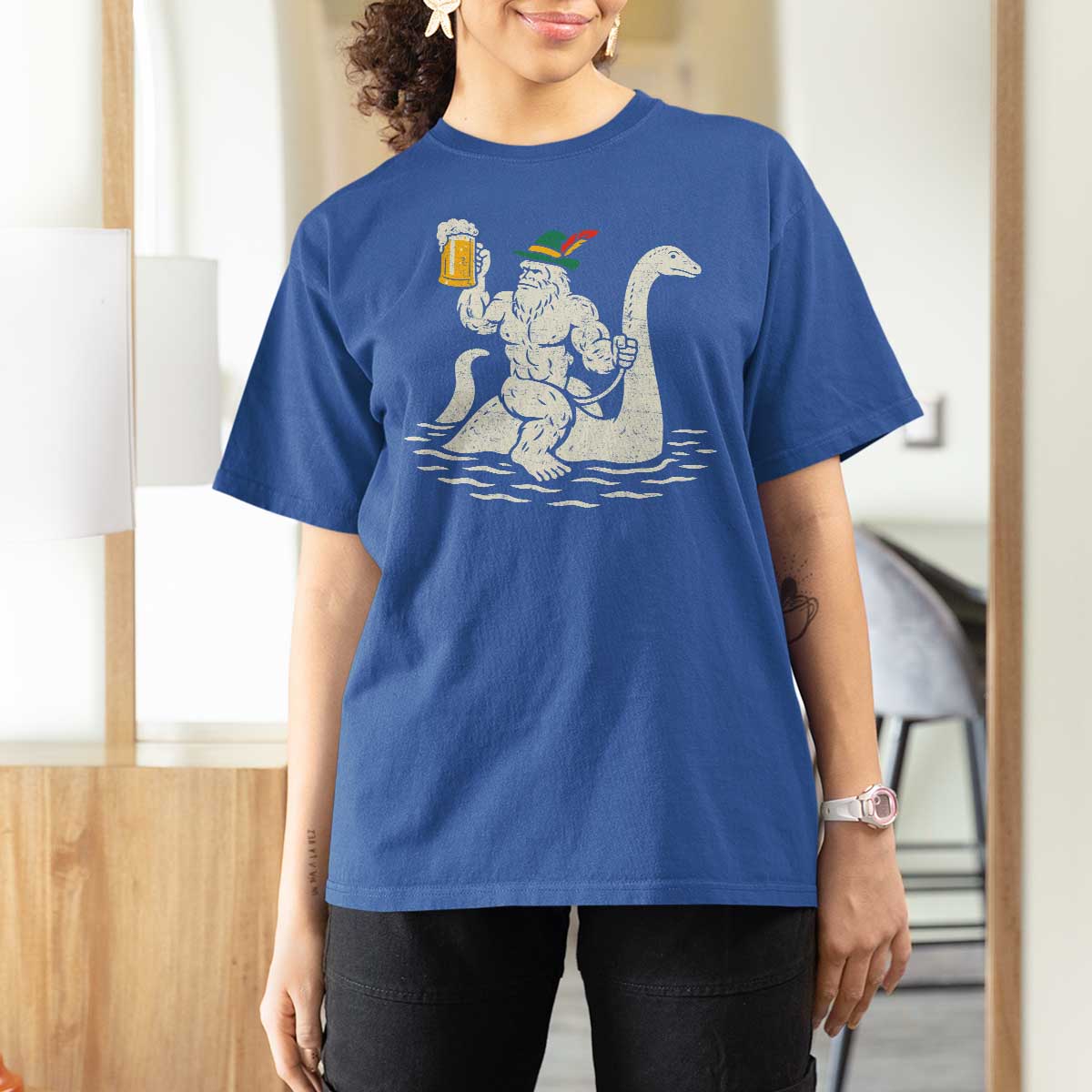 Funny Bigfoot Loch Ness Monster Oktoberfest T Shirt For Women German Oktoberfest Sasquatch Drinking - Wonder Print Shop