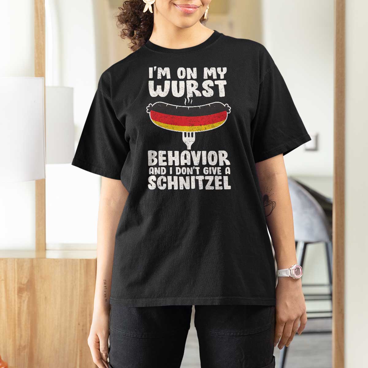 Oktoberfest On My Wurst Behavior T Shirt For Women Dont Give Schnitzel Funny German - Wonder Print Shop