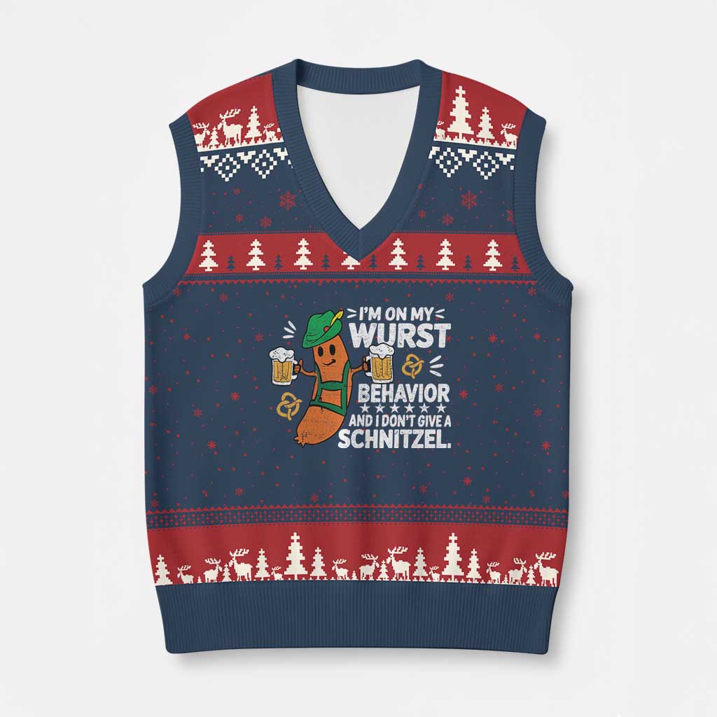 Funny Oktoberfest V-Neck Knit Sweater Vest On My Wurst Behavior Sarcastic German - Wonder Print Shop