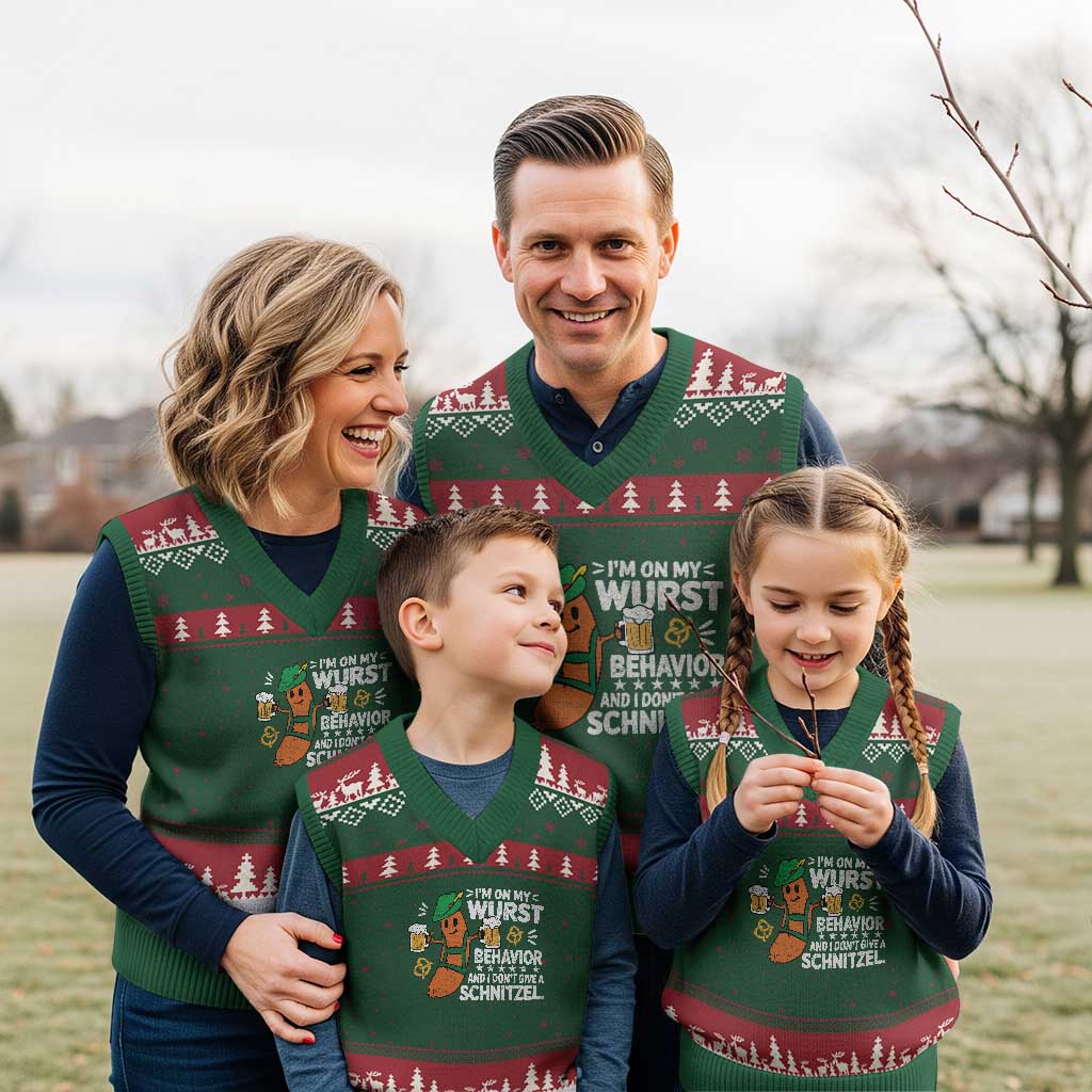 Funny Oktoberfest V-Neck Knit Sweater Vest On My Wurst Behavior Sarcastic German - Wonder Print Shop