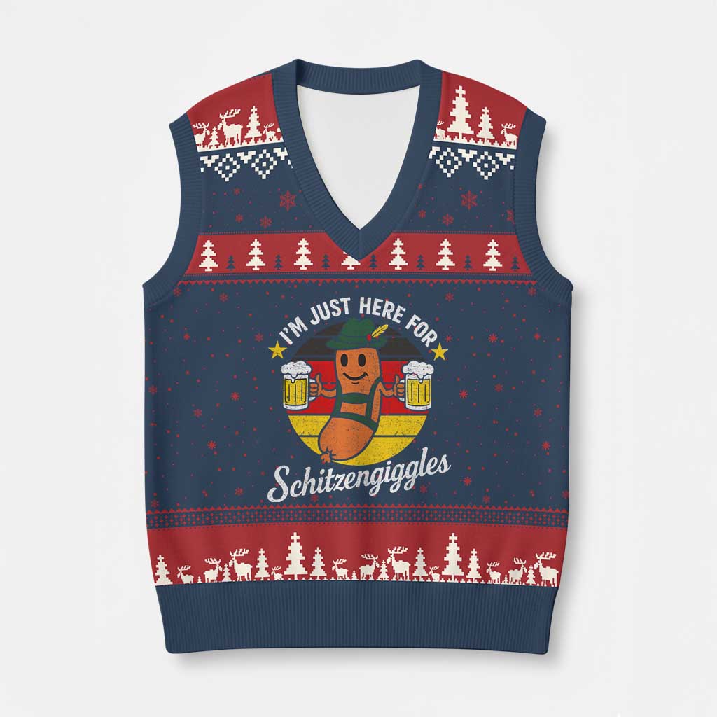 Funny Oktoberfest V-Neck Knit Sweater Vest Just Here for Schitzengiggles German Flag - Wonder Print Shop