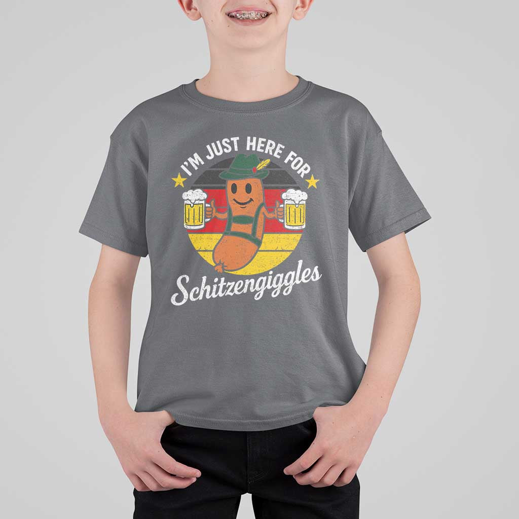 Funny Oktoberfest T Shirt For Kid Just Here for Schitzengiggles German Flag - Wonder Print Shop