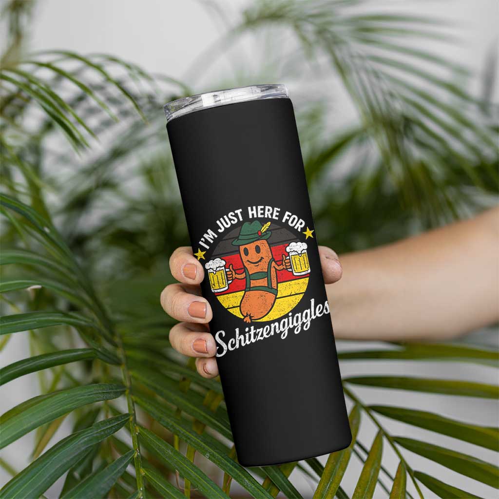 Funny Oktoberfest Skinny Tumbler Just Here for Schitzengiggles German Flag - Wonder Print Shop
