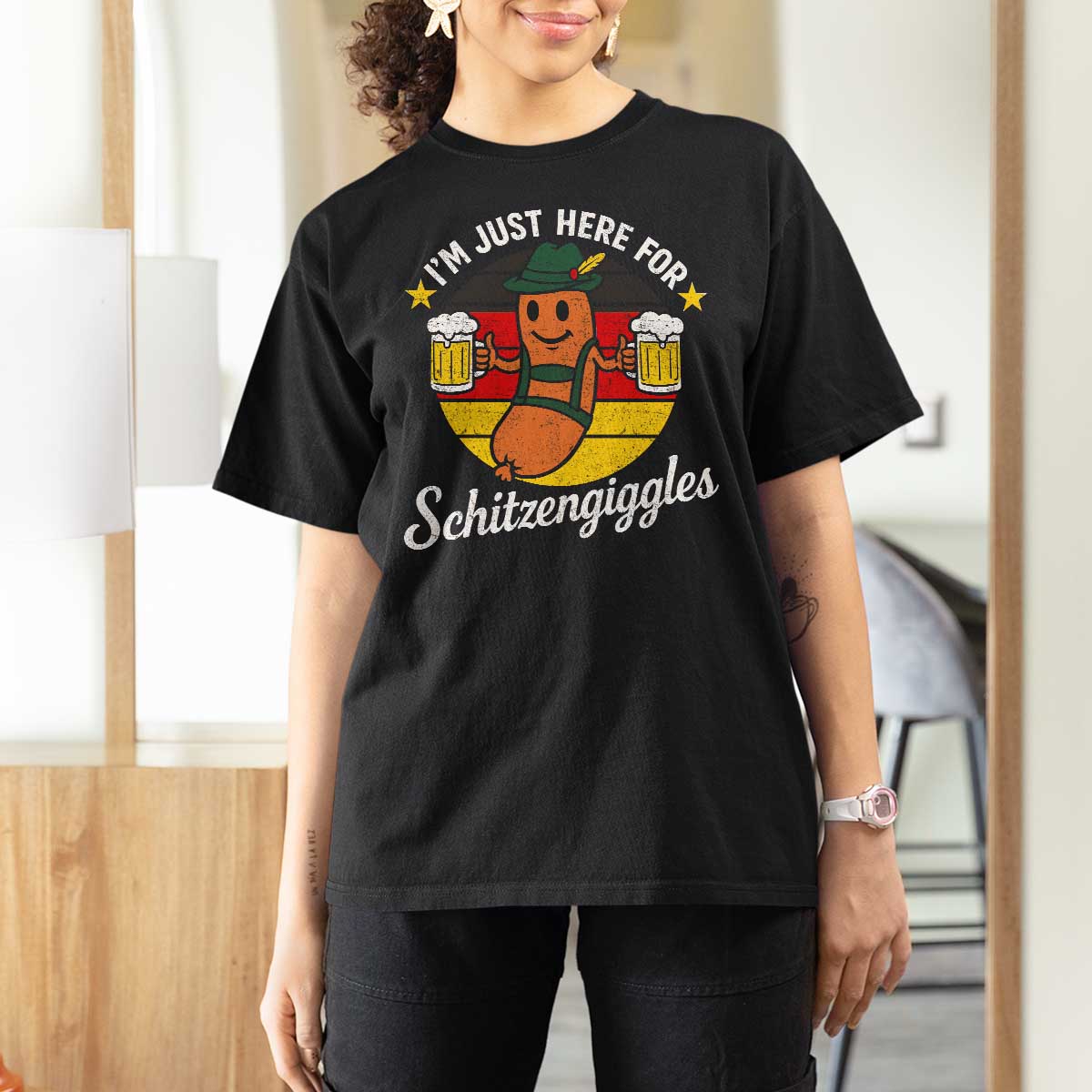 Funny Oktoberfest T Shirt For Women Just Here for Schitzengiggles German Flag - Wonder Print Shop