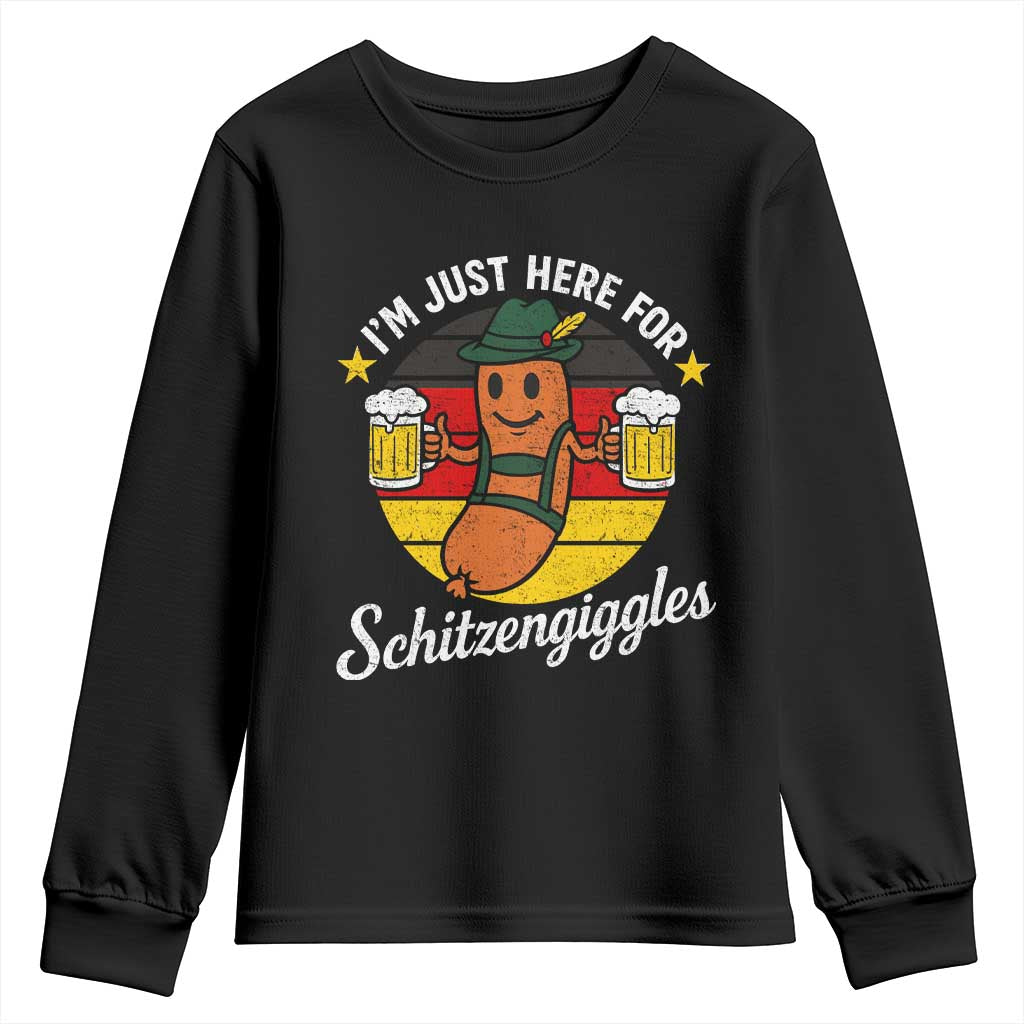 Funny Oktoberfest Youth Sweatshirt Just Here for Schitzengiggles German Flag - Wonder Print Shop