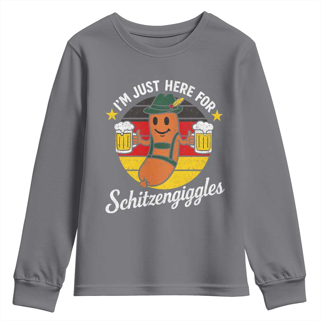 Funny Oktoberfest Youth Sweatshirt Just Here for Schitzengiggles German Flag - Wonder Print Shop