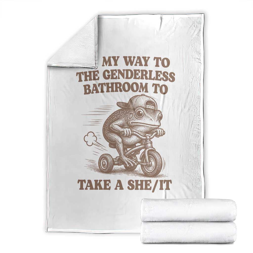 On My Way To The Genderless Bathroom To Take a She/It Throw Blanket Funny Frog Graphic