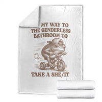On My Way To The Genderless Bathroom To Take a She/It Throw Blanket Funny Frog Graphic