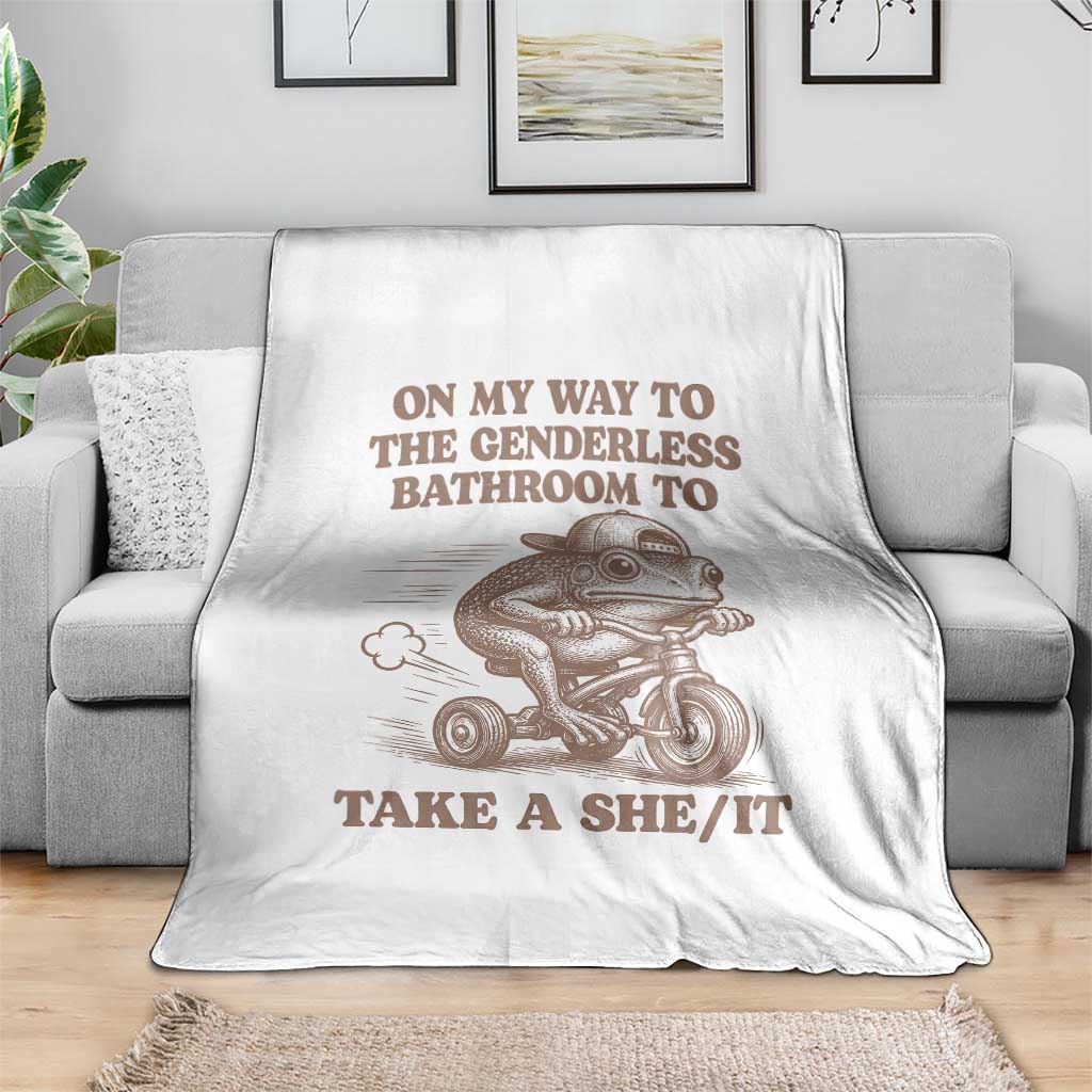 On My Way To The Genderless Bathroom To Take a She/It Throw Blanket Funny Frog Graphic