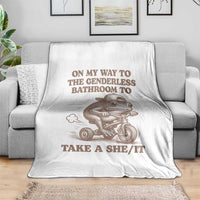 On My Way To The Genderless Bathroom To Take a She/It Throw Blanket Funny Frog Graphic