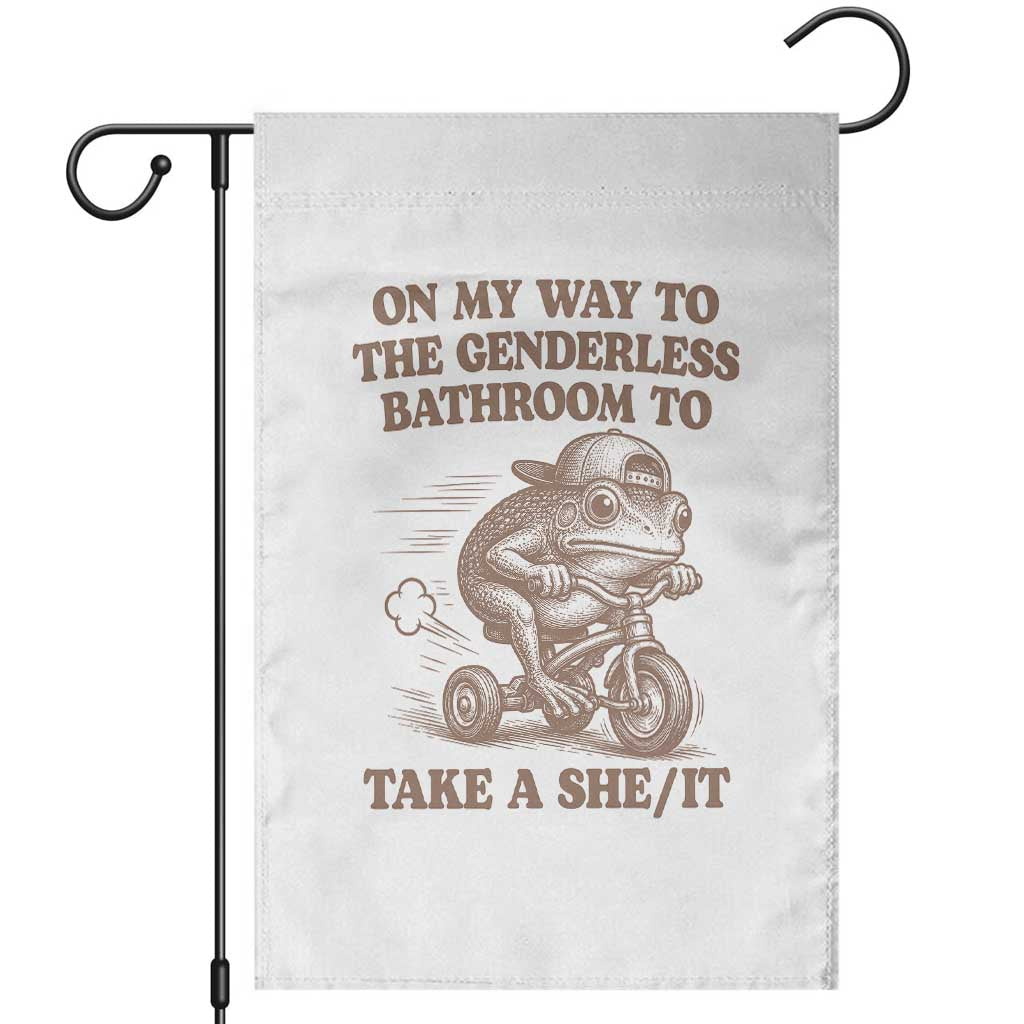 On My Way To The Genderless Bathroom To Take a She/It Garden Flag Funny Frog Graphic