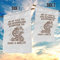 On My Way To The Genderless Bathroom To Take a She/It Garden Flag Funny Frog Graphic