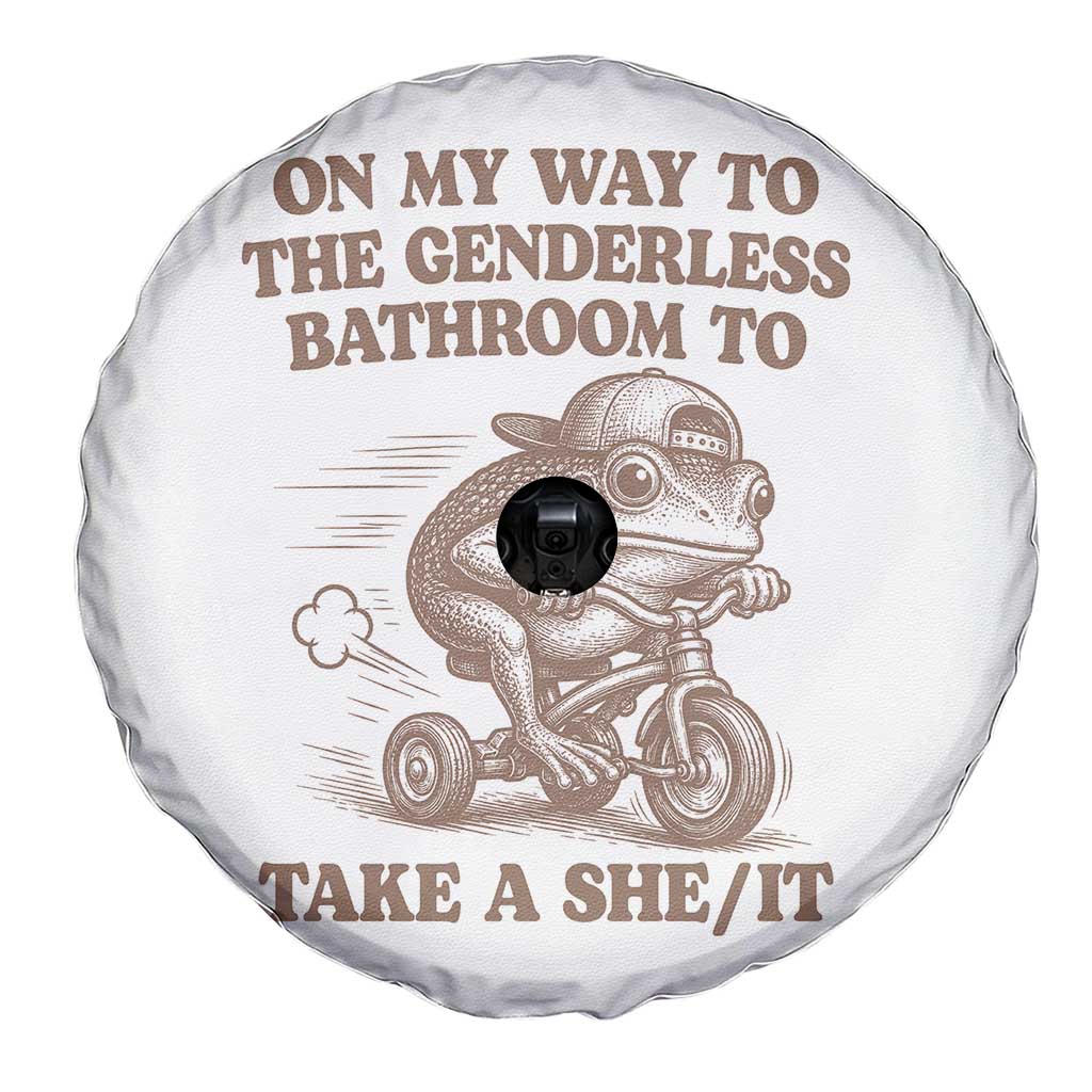 On My Way To The Genderless Bathroom To Take a She/It Spare Tire Cover Funny Frog Graphic