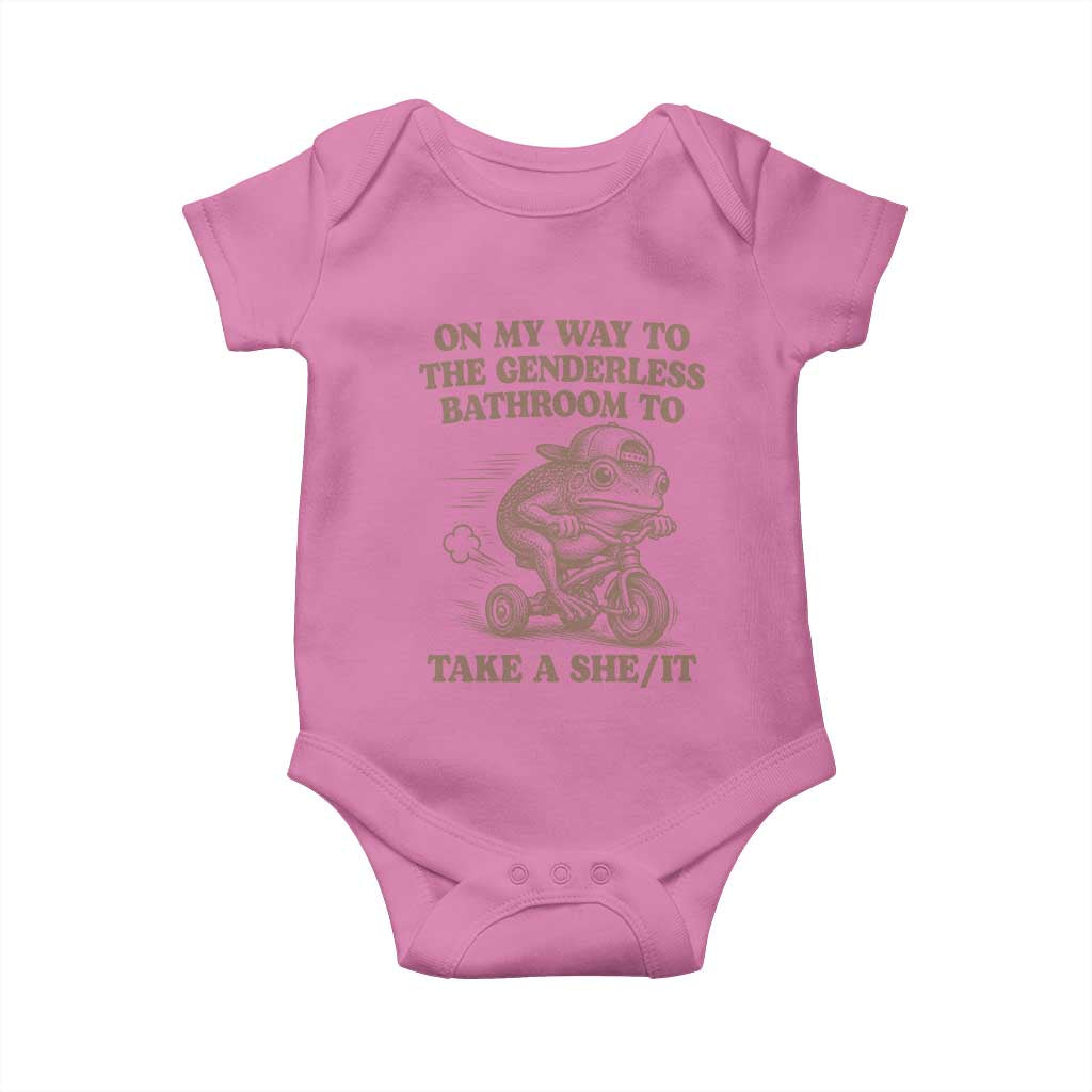 On My Way To The Genderless Bathroom To Take a She/It Baby Onesie Funny Frog Graphic