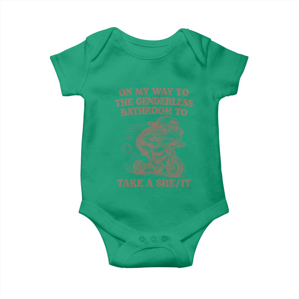 On My Way To The Genderless Bathroom To Take a She/It Baby Onesie Funny Frog Graphic