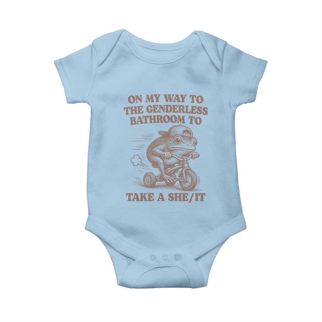 On My Way To The Genderless Bathroom To Take a She/It Baby Onesie Funny Frog Graphic