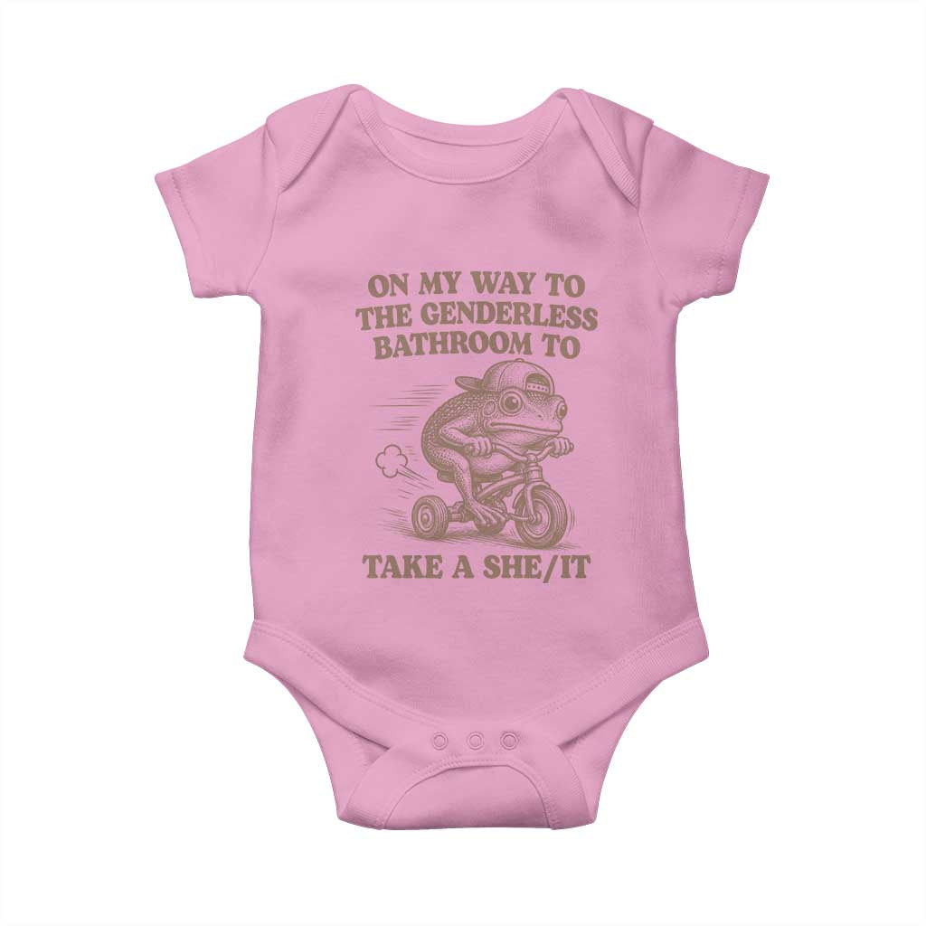 On My Way To The Genderless Bathroom To Take a She/It Baby Onesie Funny Frog Graphic