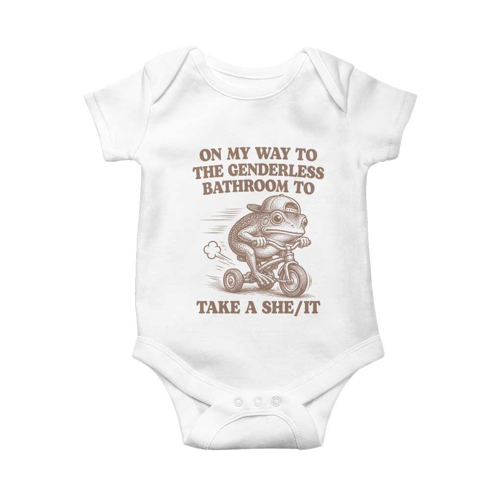 On My Way To The Genderless Bathroom To Take a She/It Baby Onesie Funny Frog Graphic