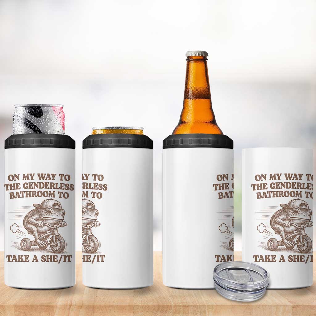 On My Way To The Genderless Bathroom To Take a She/It 4 in 1 Can Cooler Tumbler Funny Frog Graphic