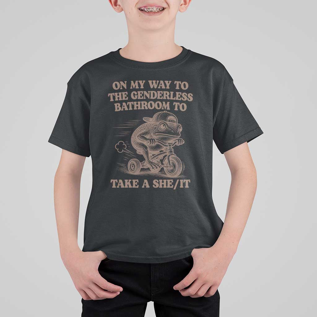 On My Way To The Genderless Bathroom To Take a She/It T Shirt For Kid Funny Frog Graphic