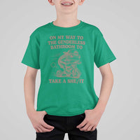 On My Way To The Genderless Bathroom To Take a She/It T Shirt For Kid Funny Frog Graphic