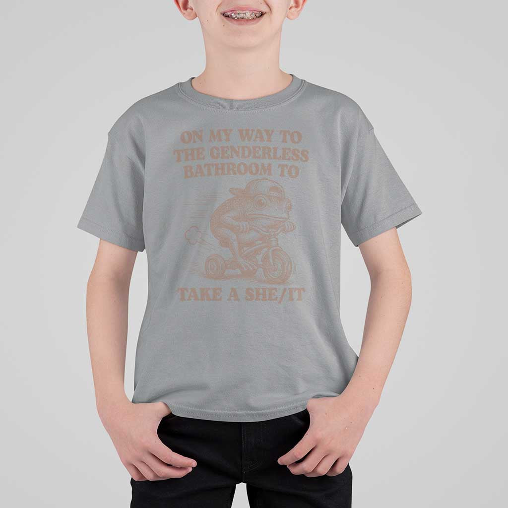 On My Way To The Genderless Bathroom To Take a She/It T Shirt For Kid Funny Frog Graphic