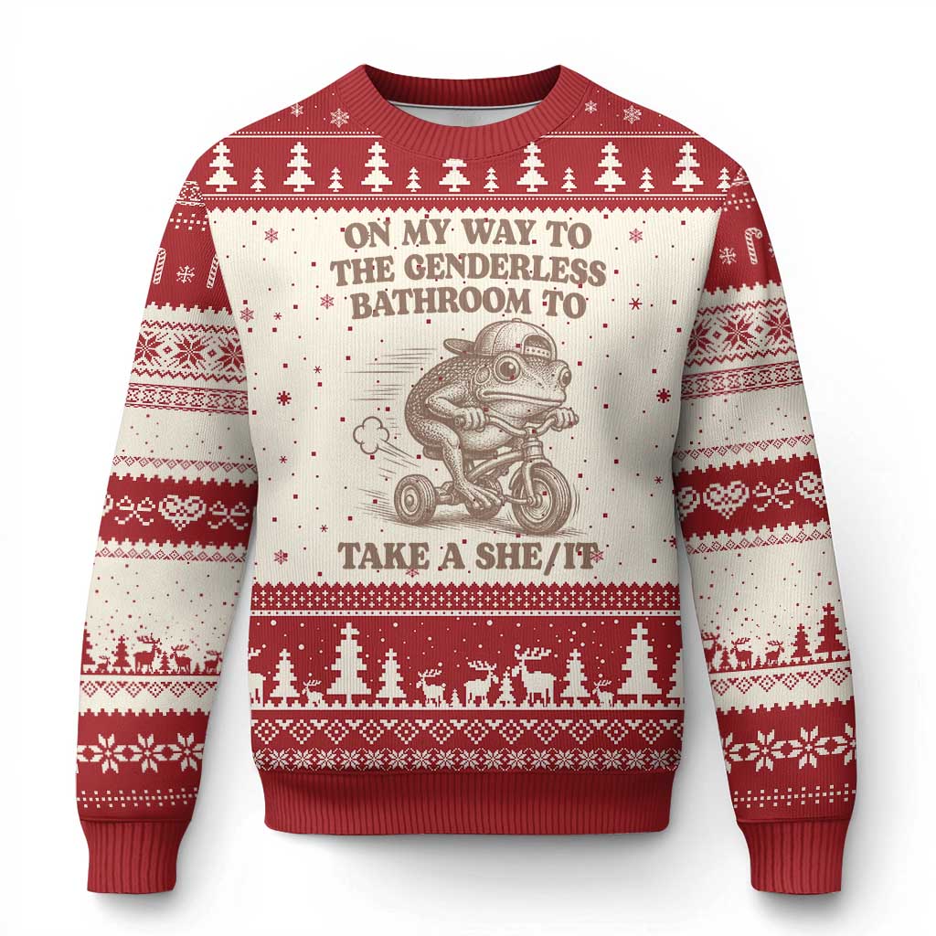 On My Way To The Genderless Bathroom To Take a She/It Ugly Christmas Sweater Funny Frog Graphic
