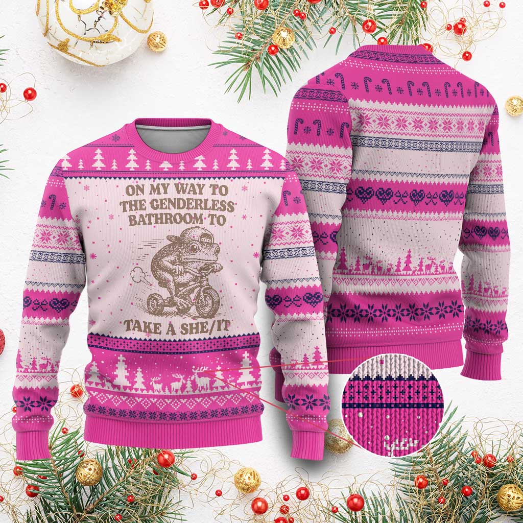 On My Way To The Genderless Bathroom To Take a She/It Ugly Christmas Sweater Funny Frog Graphic