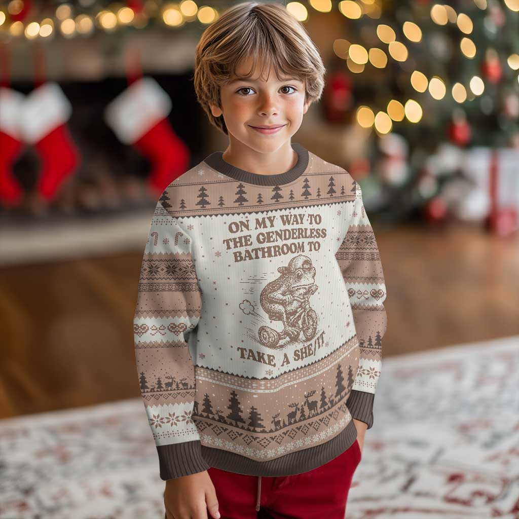 On My Way To The Genderless Bathroom To Take a She/It Ugly Christmas Sweater Funny Frog Graphic