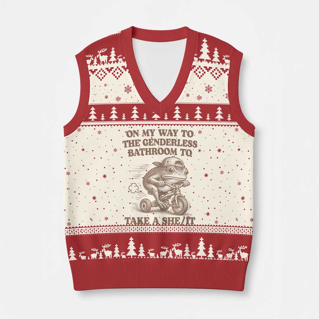 On My Way To The Genderless Bathroom To Take a She/It V-Neck Knit Sweater Vest Funny Frog Graphic