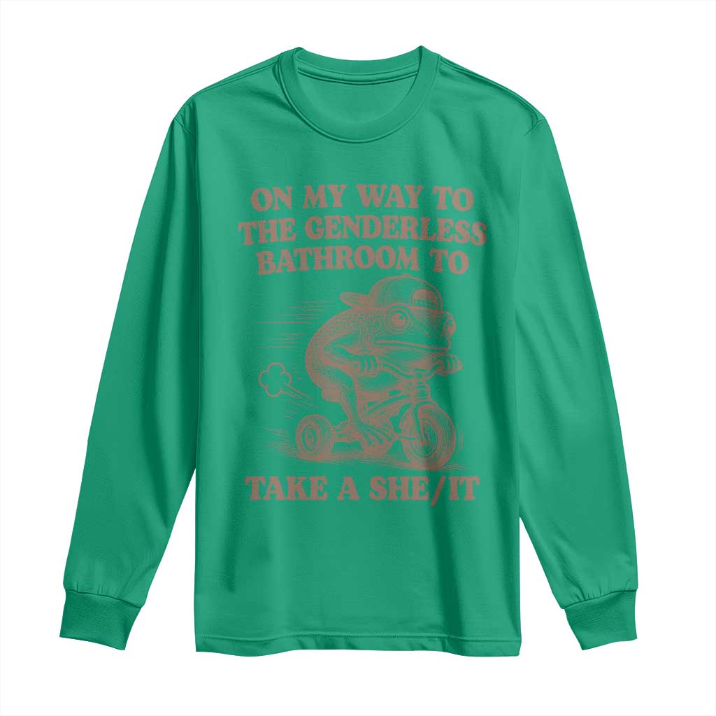 On My Way To The Genderless Bathroom To Take a She/It Long Sleeve Shirt Funny Frog Graphic