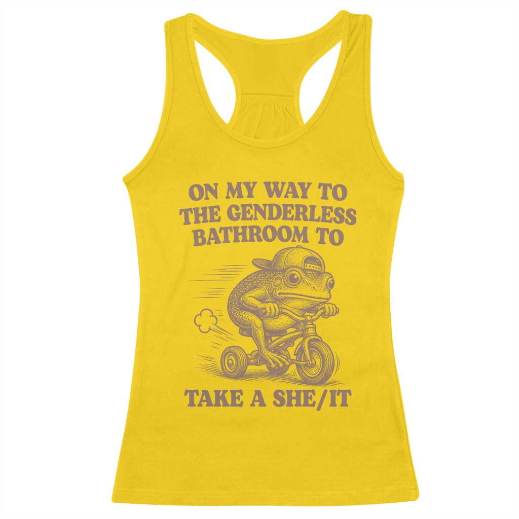 On My Way To The Genderless Bathroom To Take a She/It Racerback Tank Top Funny Frog Graphic