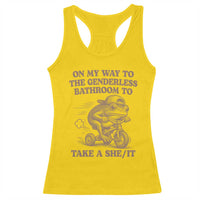 On My Way To The Genderless Bathroom To Take a She/It Racerback Tank Top Funny Frog Graphic