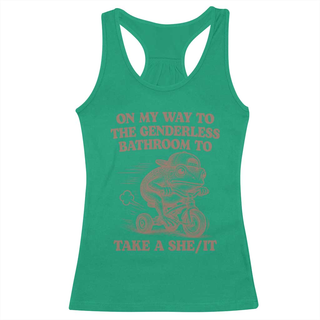 On My Way To The Genderless Bathroom To Take a She/It Racerback Tank Top Funny Frog Graphic