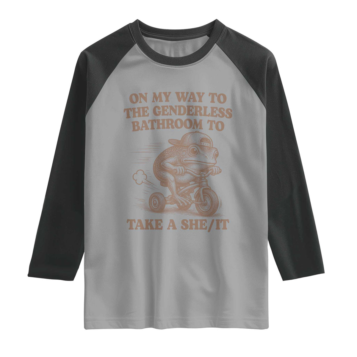 On My Way To The Genderless Bathroom To Take a She/It Raglan Shirt Funny Frog Graphic