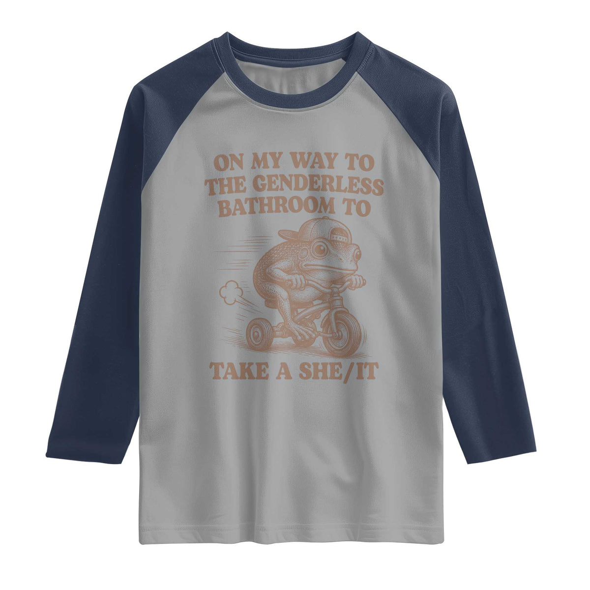 On My Way To The Genderless Bathroom To Take a She/It Raglan Shirt Funny Frog Graphic