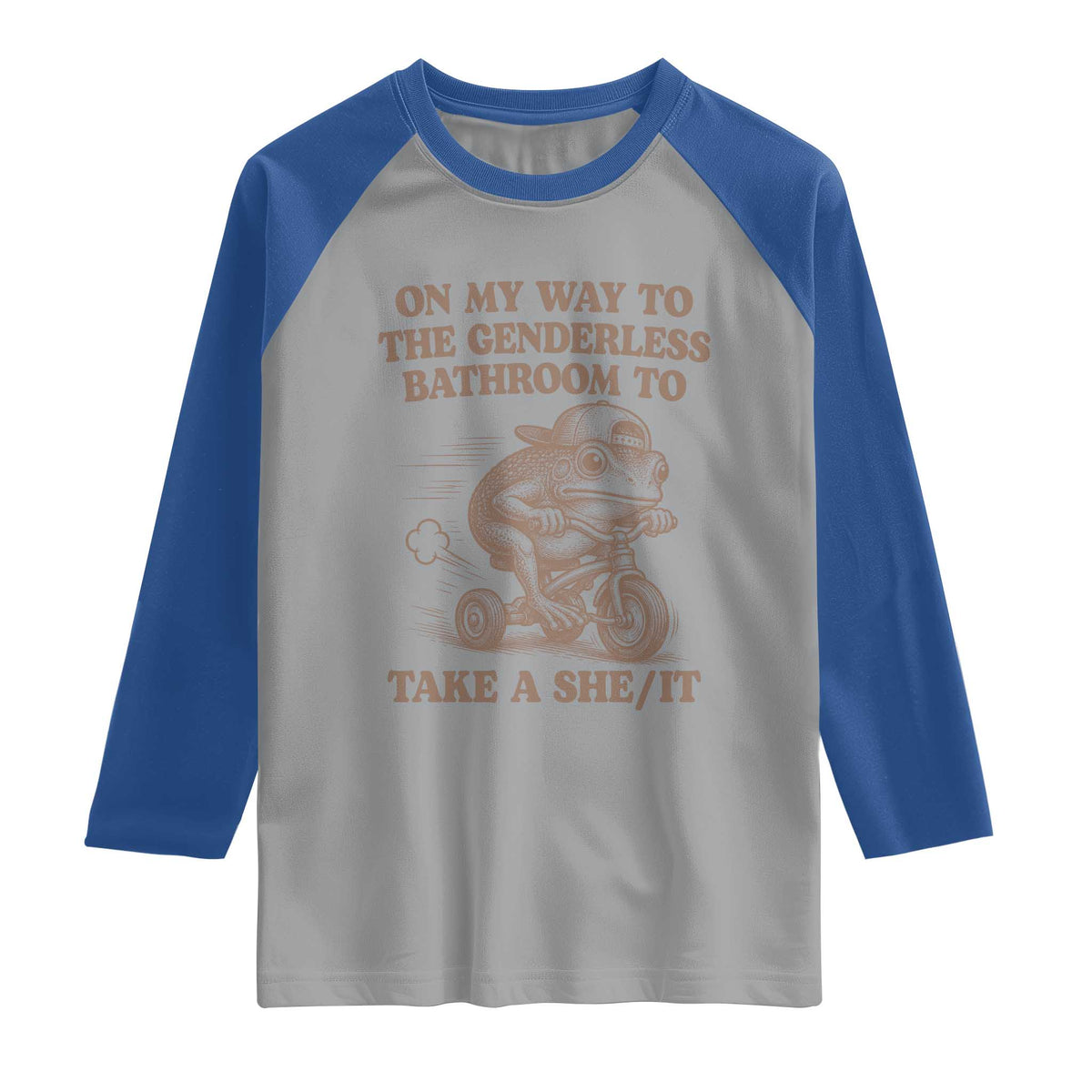 On My Way To The Genderless Bathroom To Take a She/It Raglan Shirt Funny Frog Graphic