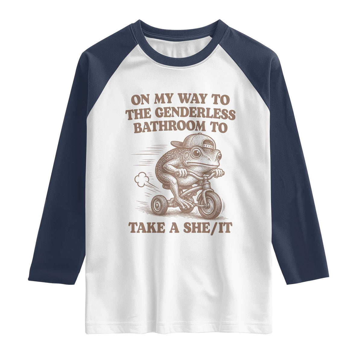 On My Way To The Genderless Bathroom To Take a She/It Raglan Shirt Funny Frog Graphic