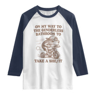 On My Way To The Genderless Bathroom To Take a She/It Raglan Shirt Funny Frog Graphic