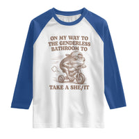 On My Way To The Genderless Bathroom To Take a She/It Raglan Shirt Funny Frog Graphic