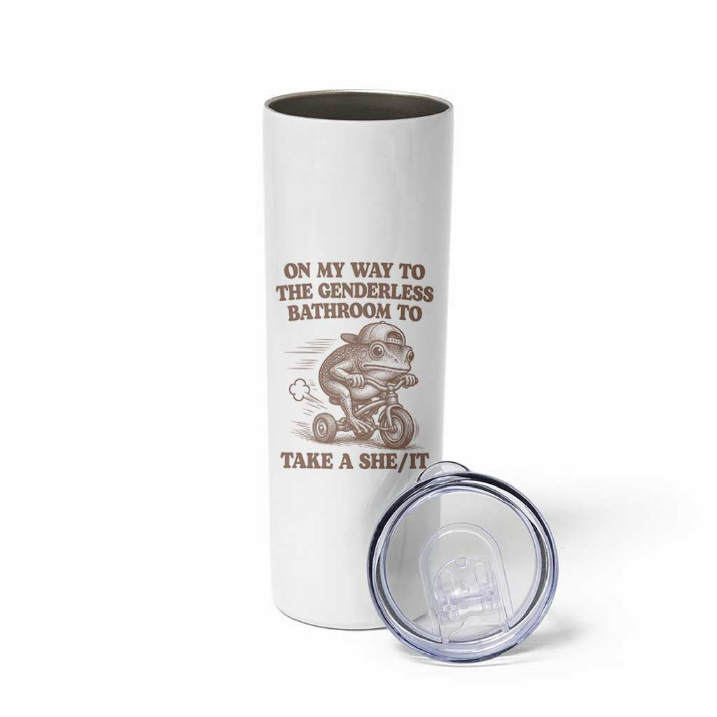 On My Way To The Genderless Bathroom To Take a She/It Skinny Tumbler Funny Frog Graphic